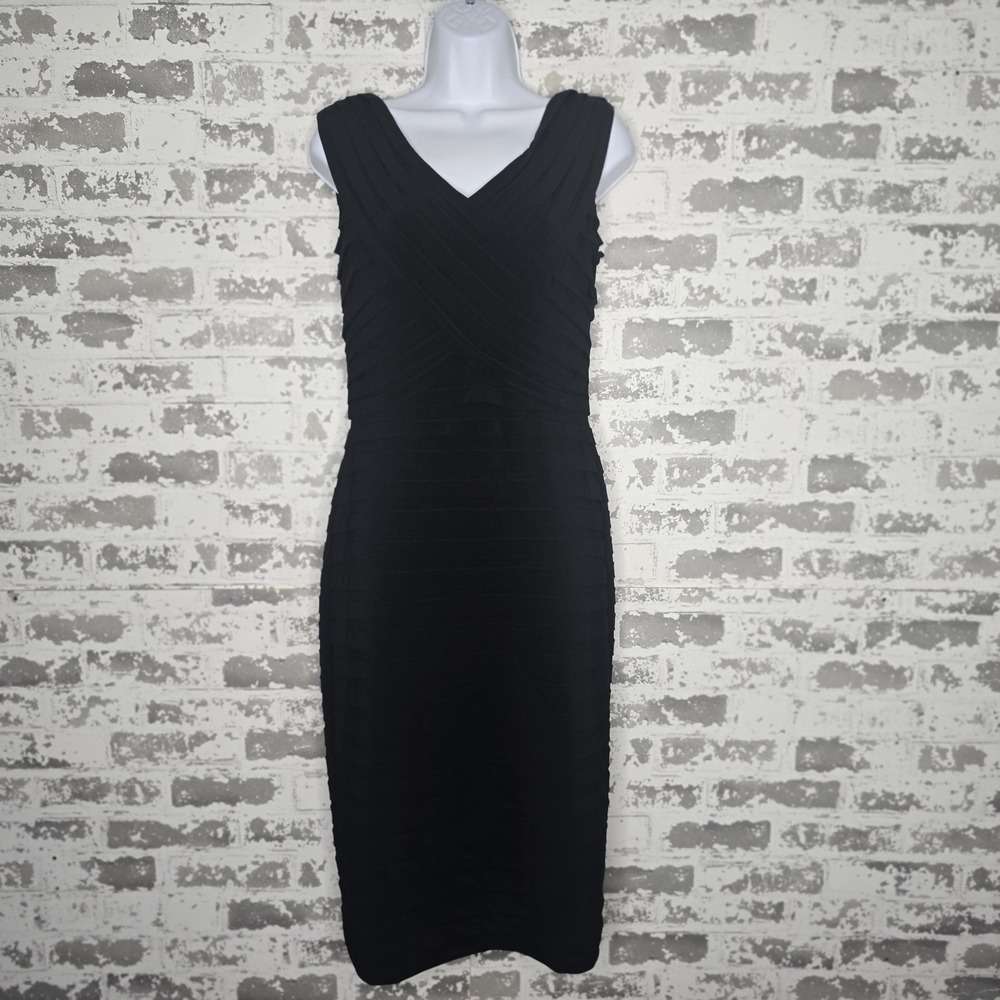Cache Dress Womens 8 Black Ribbed Stretch Bodycon V-Neck Sleeveless Lined Party